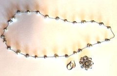 Heavy Faux Pearl Rhinestone Disco Ball Necklace, JCM Brass Earrings, Brooch