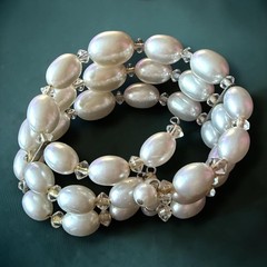 Faux Pearl Bracelet Memory Wire Crystal Multi Strand Wrap Cuff Vintage