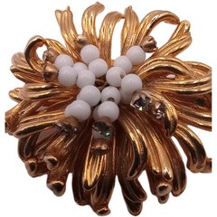 Vintage Gold Tone Floral Brooch White Milk Glass Beaded Rhinestone Pin 2 in D