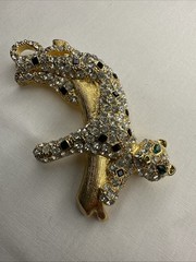 Vintage Rhinestone Leopard Big Cat Green Eyes Gold Tone Grannycore Brooch Pin