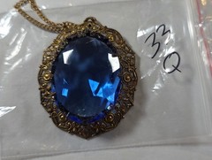 Vintage Signed West Germany Blue Glass Rhinestone Filigree Necklace Gold Tone