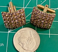 VTG YELLOW GOLD TONE DOMED LAVENDER RHINESTONE CUFFLINKS PAIR MOD BLING VINTAGE