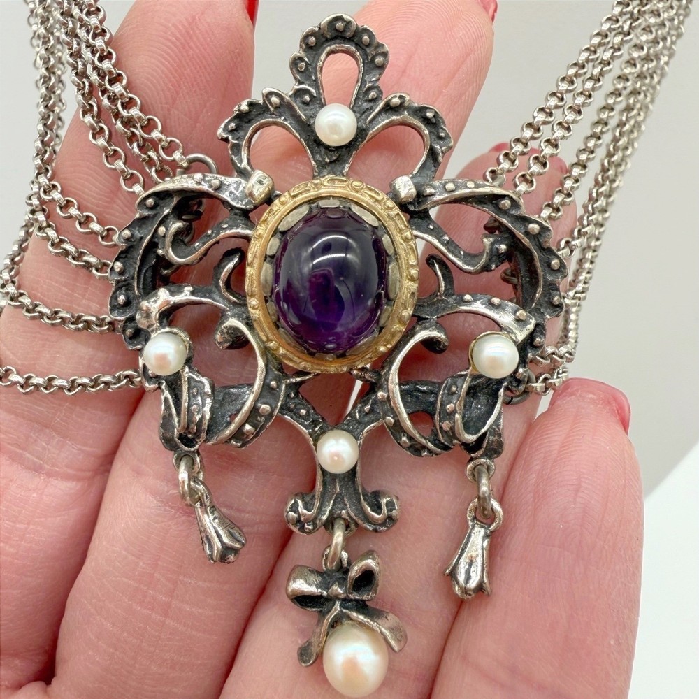 Antique 835 Silver Festoon Necklace Amethyst Pearl German Edwardian Art Nouveau
