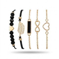 5pc Bohemian Bracelet Set Black Enamel Heart Bead Wrist Chain Women Gold Tone