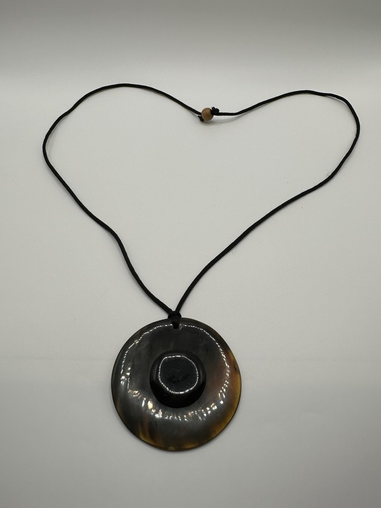 VTG Black String Necklace W/ Brown Acrylic? Lucite? Round Pendant 28” Adjustable
