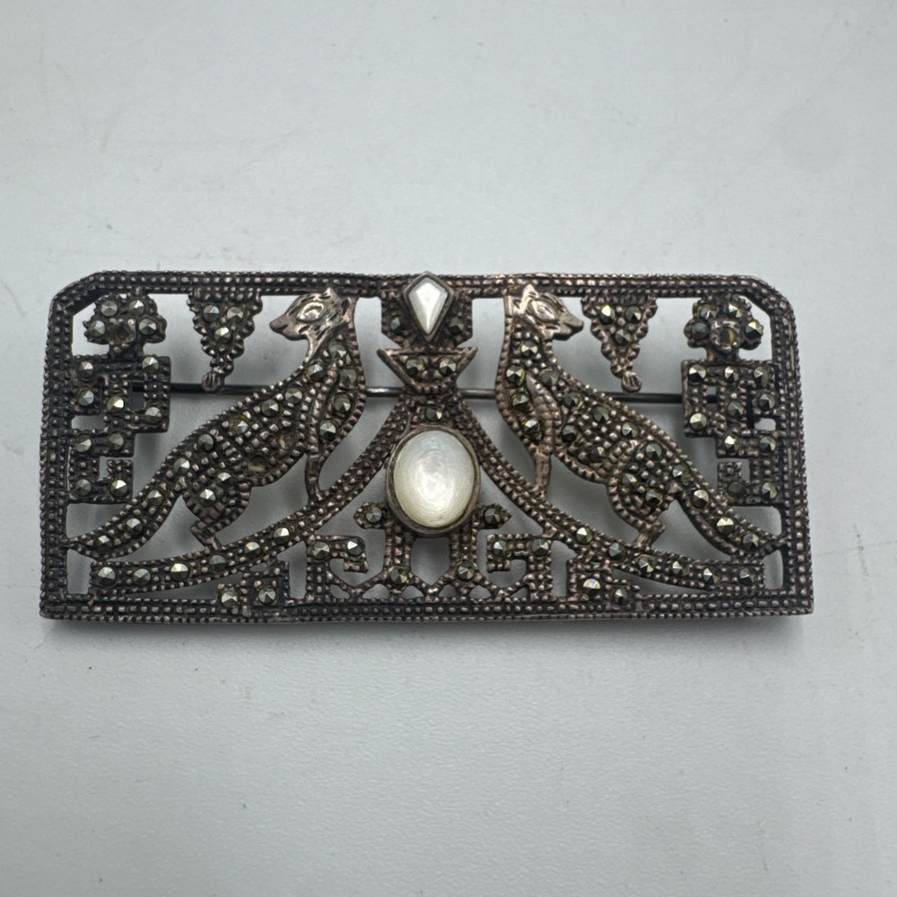 Rare Antique Art Deco Sterling Silver Marcasite MOP Cats Brooch 2.5in 13.8g