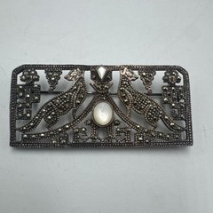 Rare Antique Art Deco Sterling Silver Marcasite MOP Cats Brooch 2.5in 13.8g