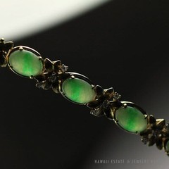 Vintage Burmese Jadeite Jade & Diamond Floral 14k Yellow Gold Bracelet w/ Papers