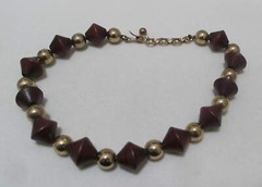 Vtg WOOD Dark Brown Bi-Cone Beads Gold Tone Round Beads Necklace Max 16”