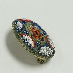 e836 Vintage Italian Mosaic Flower Multi Color Oval Pin Brooch