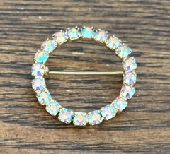 AB Aurora Borealis Clear Rhinestones Circle Pin Vtg Gold Tone Approx 1.5 Inches