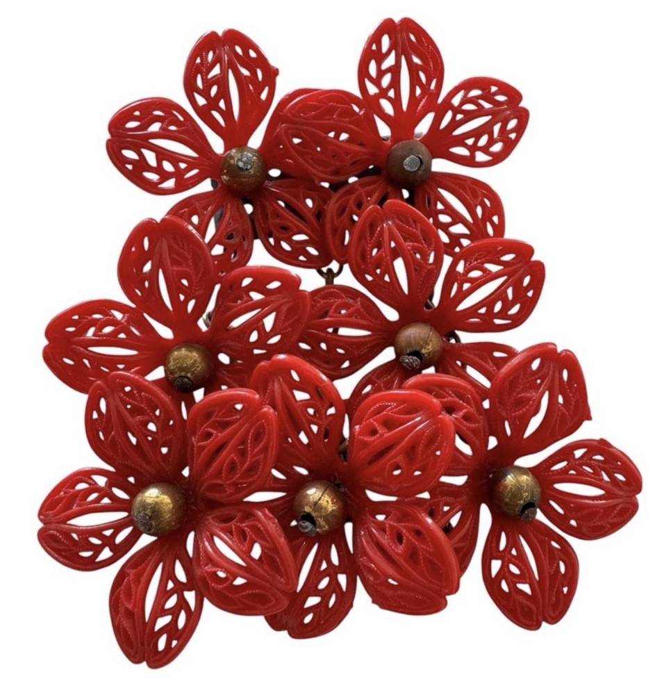MIRIAM HASKELL Vintage 1930s Dangling Celluloid Wired Brooch Red Flowers