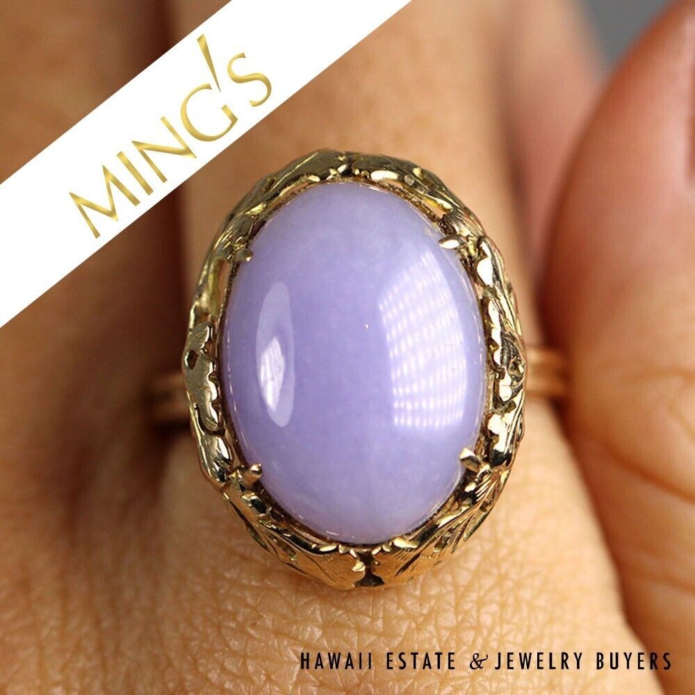 Ming’s Hawaii Lavender Jade Cabochon 14K Yellow Gold Ring Size 9