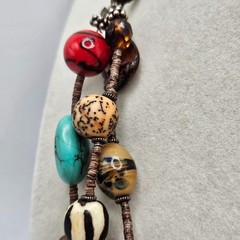 VINTAGE Genuine Stone Wood Three Strand Leather Boho Beaded Necklace