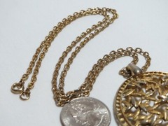 Vintage Gold Filigree Chain Link Necklace with Open Leaf Medallion 24 inch