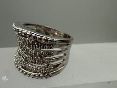 ESTATE VINTAGE 18K WHITE GOLD FILLED MULTI ROW BAND DIAMANTE BEADED RING SIZE 8