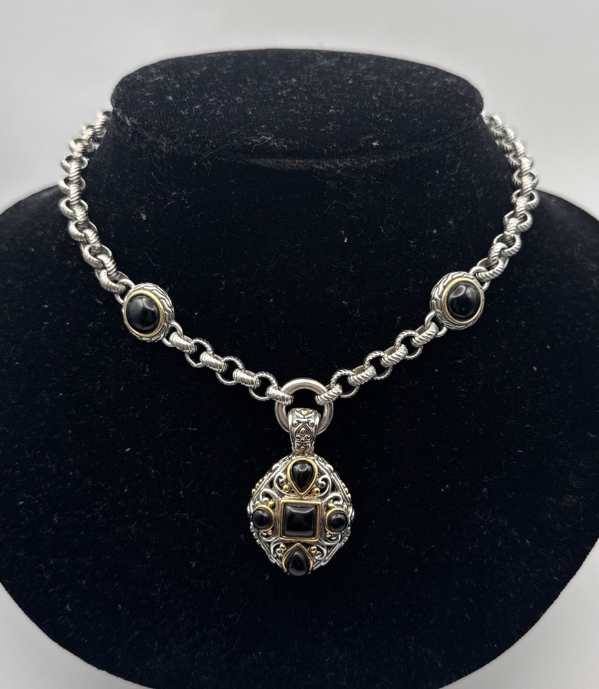 Vintage Brighton Necklace Silver/Gold Tone Black Stones Chunky Link Estate 10”