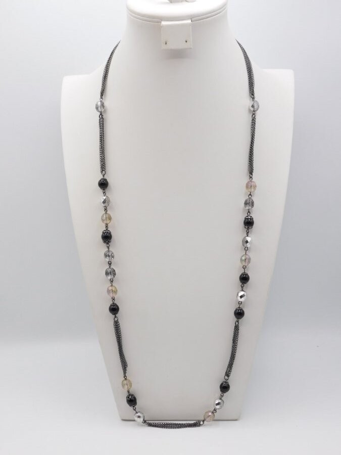 J128-VINTAGE NECKLACE~GUN METAL CHAIN/BLACK/GREY BEADS~AVON~36″-39″