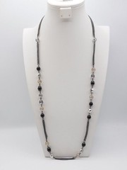 J128-VINTAGE NECKLACE~GUN METAL CHAIN/BLACK/GREY BEADS~AVON~36″-39″