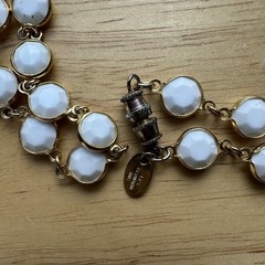 VTG Les Bernard Necklace 30 Inch White Glass Beads Faceted Gold Plated Barrel