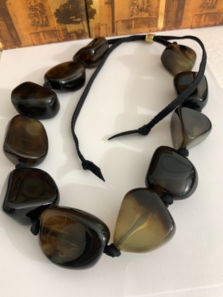 VTG Modernist Chunky Marbled Lucite Beads on Adjustable Leather Cord Statement