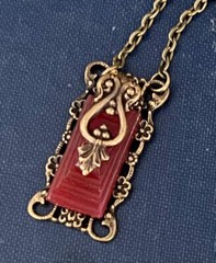 Vintage Necklace Art Deco Revival Filigree Pendant Red Carnelian Czech Glass