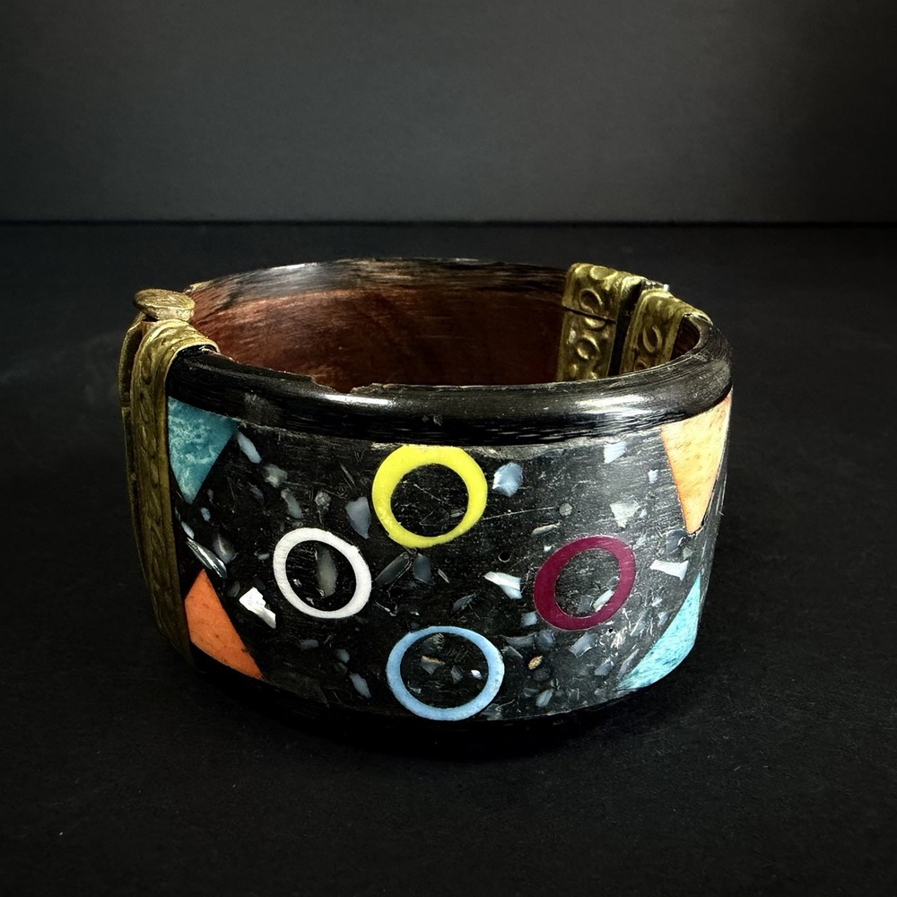 Vintage Mid Century Modern Atomic Cosmic Bangle Cuff Bracelet Inlays Brass
