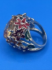 Vintage Floral Cocktail Ring Yellow Faceted Stone Multicolor Enamel Adjustable