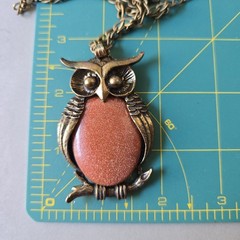 Vintage Bronze Tone Goldstone Belly Owl Pendant Chain Necklace 24″L