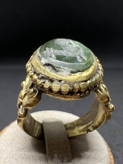 Rare Old Bronze Ring Carved Green Stone Animal Motif Antique Size 9 US