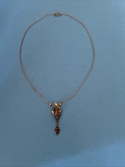 Antique Art Deco Sterling Silver Lavalier Red Garnet Pendant Necklace 17”