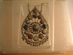 Large Vintage Silver/Bi Metal Gemstone Pendant Chain Necklace India Filigree 5″