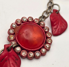 Vintage Bakelite Lucite Floral Bib Necklace Red Leaves Rhinestone Cabochon 21 In