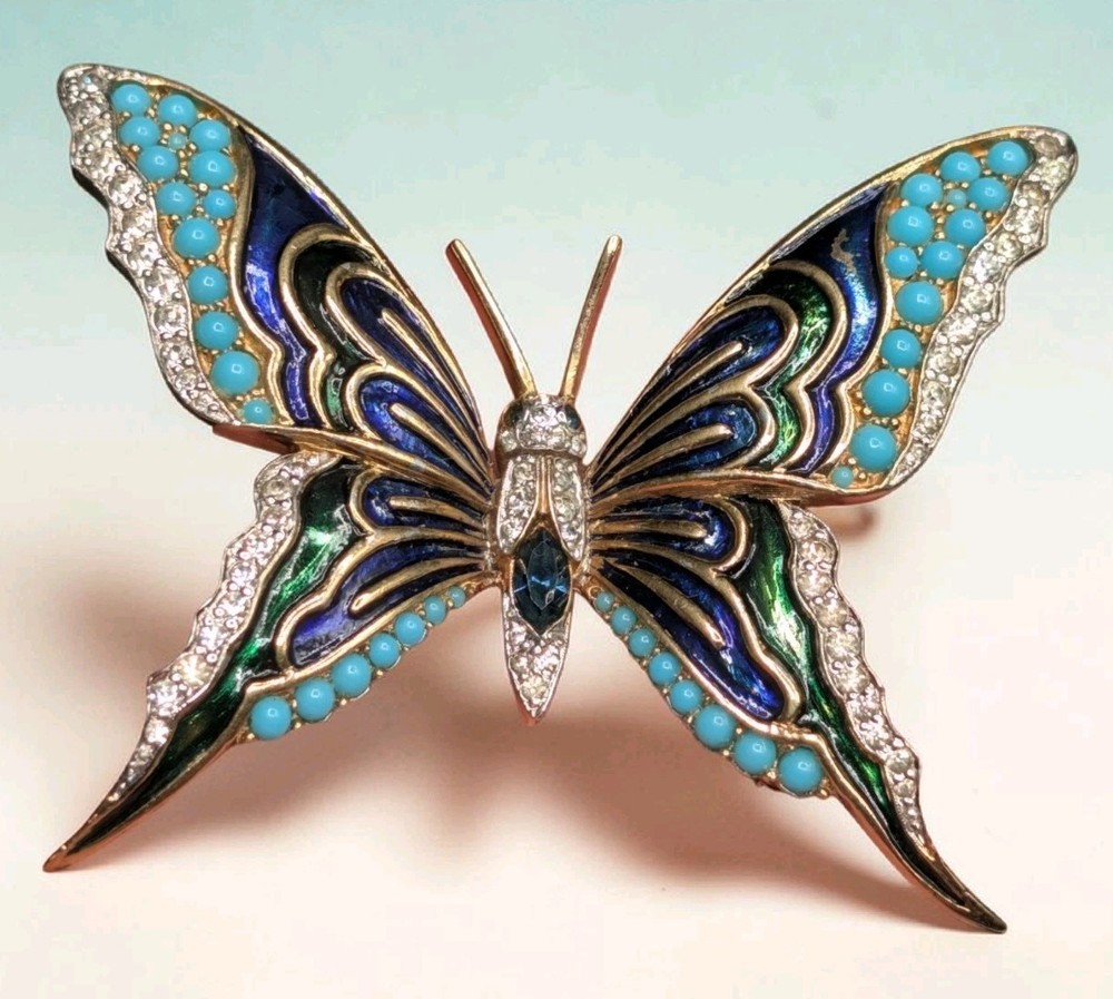 Large Vintage Unsigned Jomaz Gold Tone Enamel Rhinestone Butterfly Brooch ⚠️Read