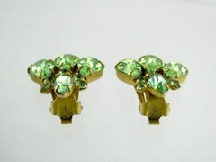 Vintage Kramer Goldtone Metal and Green Rhinestone Clip on Earrings 7/8 Inch