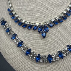 Vintage B David Silver Tone Blue Rhinestone Crystal Necklace Bracelet Clip Ons
