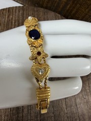 Gold Tone Sliding Charm Bracelet Double Chain Cameo Flower Heart Rhinestones