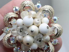 Vintage gold tone white milk glass clear AB rhinestones flower Brooch Pin