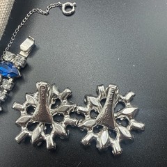 Vintage B David Silver Tone Blue Rhinestone Crystal Necklace Bracelet Clip Ons