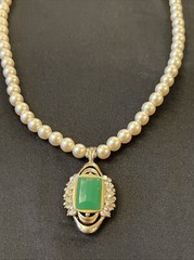 Vintage Designer Lanvin Emerald Rhinestone? Pendant 14k Gold Pearl Necklace