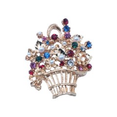 Vintage Gold Tone Flower Basket Brooch Multicolor Rhinestone Faux Pearl Pin
