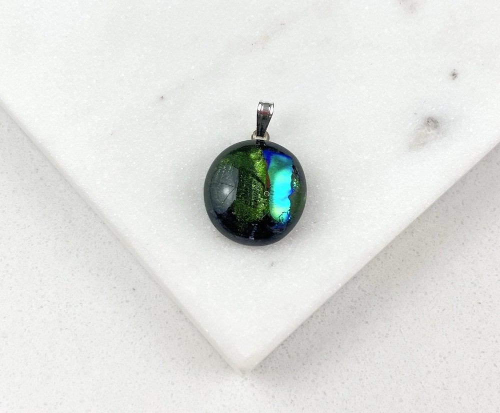 Vintage 925 Sterling Silver Blue Green Dichroic Glass Beaded Pendant