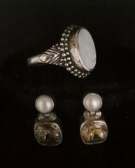 Vintage 925 Silver Lot: Rutilated Quartz Pearl Earrings Cameo Ring Shell Necklac