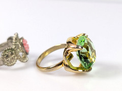 Vtg Victorian Revival Ring Lot Green Glass Blue Flower Enamel Adjustable