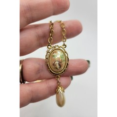 Rare Vintage 1928 Flower Cabochon Pendant Necklace Faux Pearl Barrel Clasp 18″