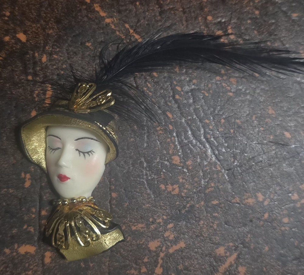 Beautiful Lady Head Brooch Porcelain looking skin black gold guild with feather