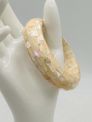 Vintage Mother of Pearl Mosaic Bangle Bracelet Cream Ivory Shell Wide Statement