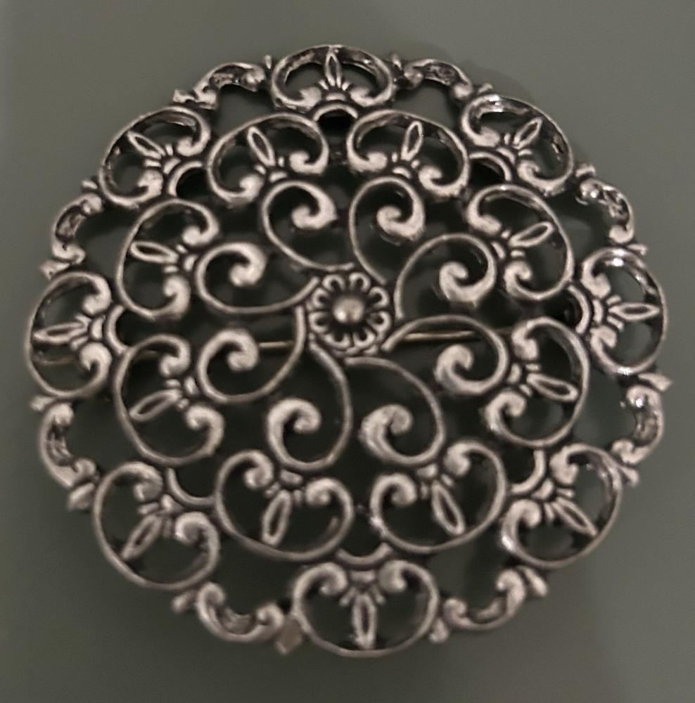 KMJ Pewter Filigree Floral Brooch Pin, Norway