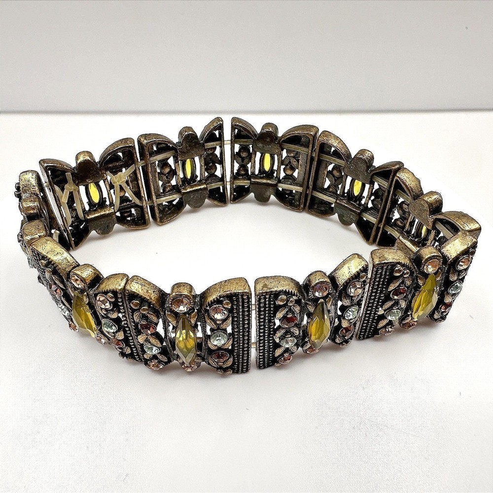 Vintage 90s Bronze Tone Multi Strand Stretch Bracelet Rhinestones Boho Jeweley