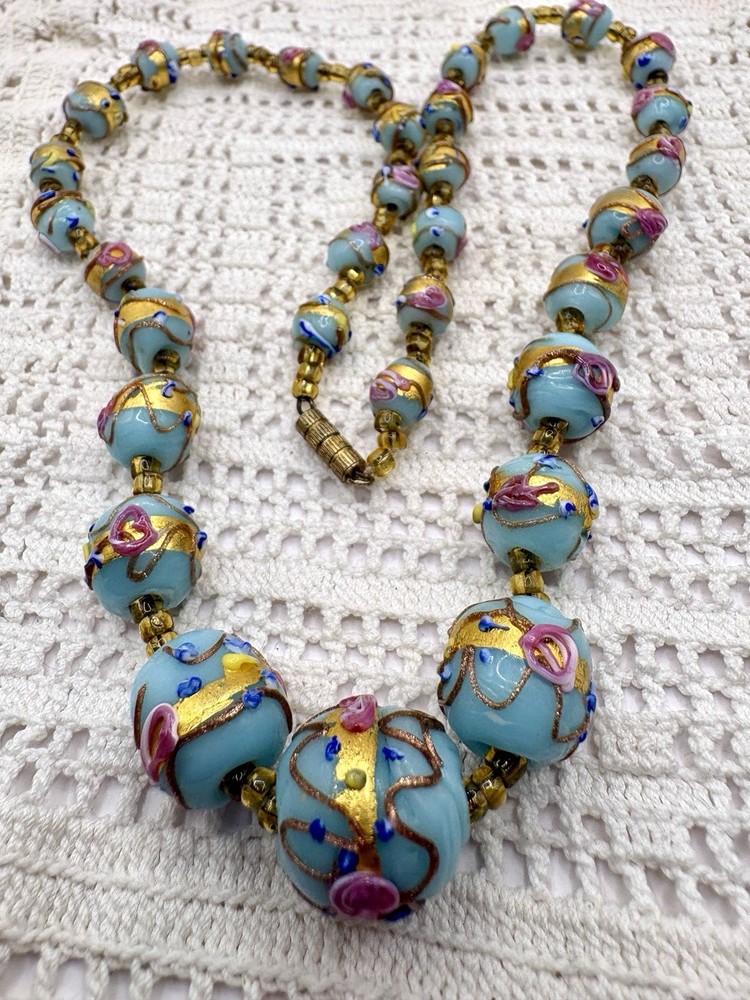 Vintage Murano Venetian Sky Blue Wedding Cake Fiorato Gold Foil Necklace 19”